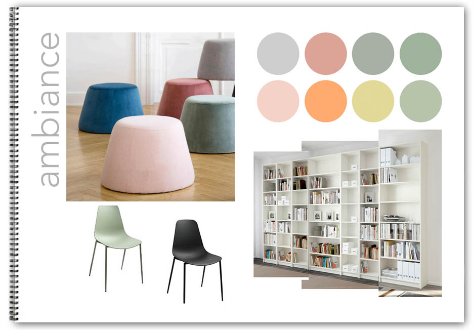 Planche d'ambiance avec projection de la bibliothèque et la gamme de couleurs Planche de décoration intérieure