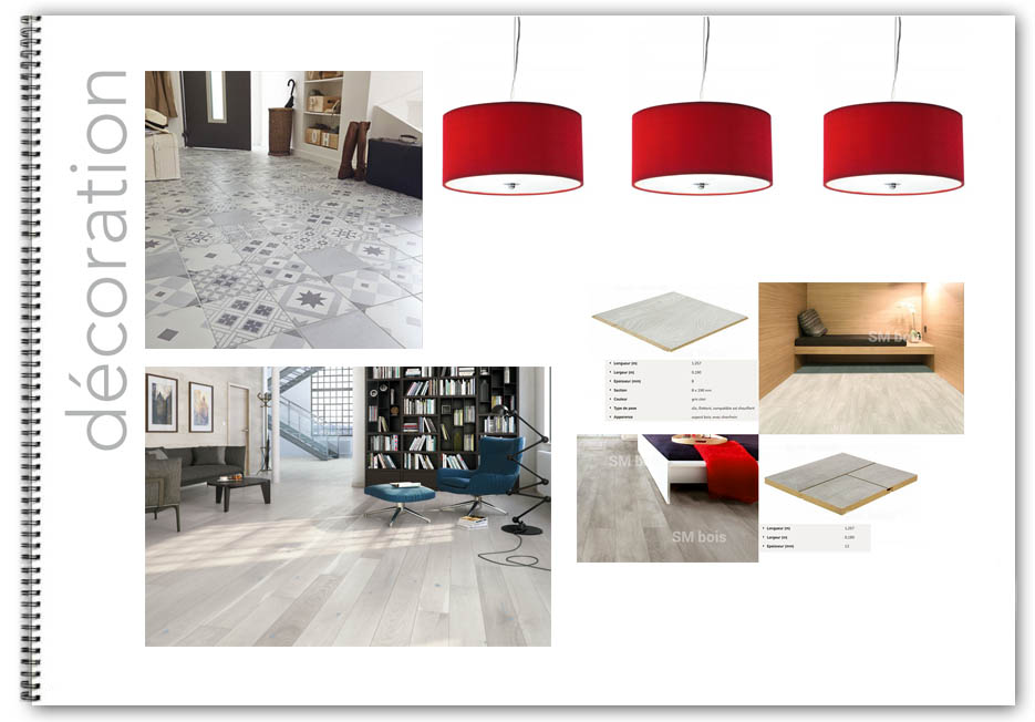 Planche matériaux, revêtement de sol bois et carrelage, et luminaires Proposition de planche de décoration, matériaux
