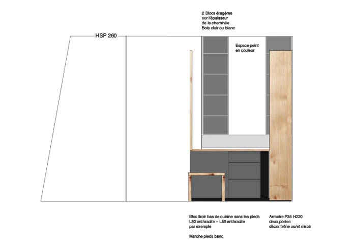 Elevation de l'accès au lit, avec étagère en tête de lit, meubles bas de rangement