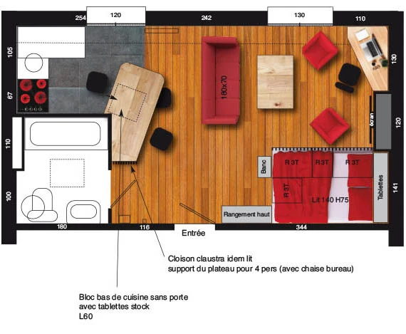 Plan de l'aménagement proposé du studio Decoration et aménagement d'un studio à Paris