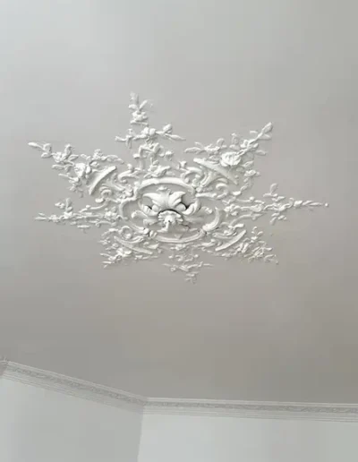 Travaux d'enduit et de peinture, conservation de la rosace du plafond et création à l'identique des corniches