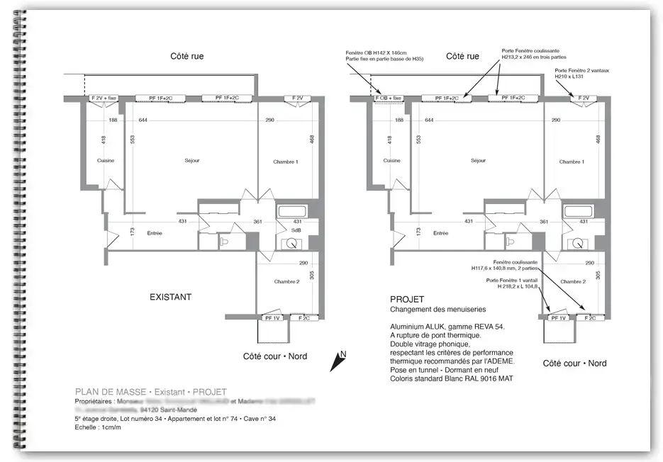 Plan de masse de l'appartement coté avec indications des menuiseries à rénover Le changement de fenêtres nécessite une Dp, demande préalable de travaux