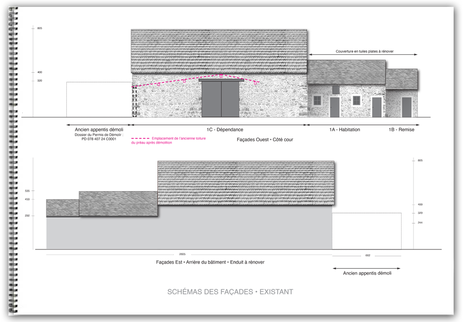Schéma des façades du corps de ferme avant les travaux Une demande préalable de travaux (DP) est nécessaire pour une démolition, changement des façades…
