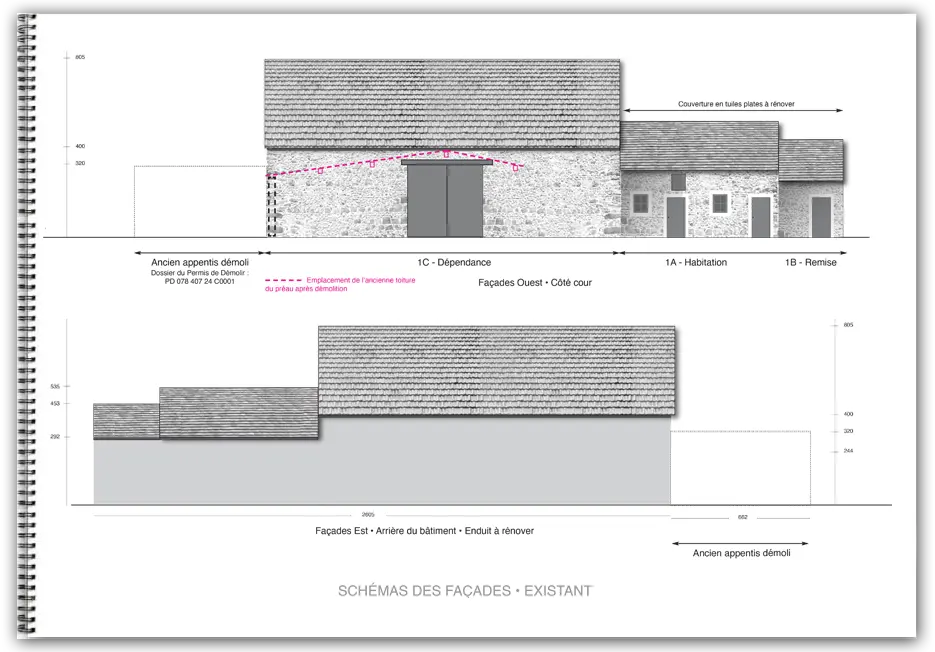 Schéma des façades du corps de ferme avant les travaux Une demande préalable de travaux (DP) est nécessaire pour une démolition, changement des façades…