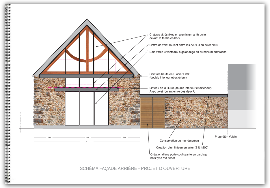 Projet d'ouverture vitrée sur le pignon sud de la grange Projet de décoration avec nouvelle ouverture vitrée toute hauteur